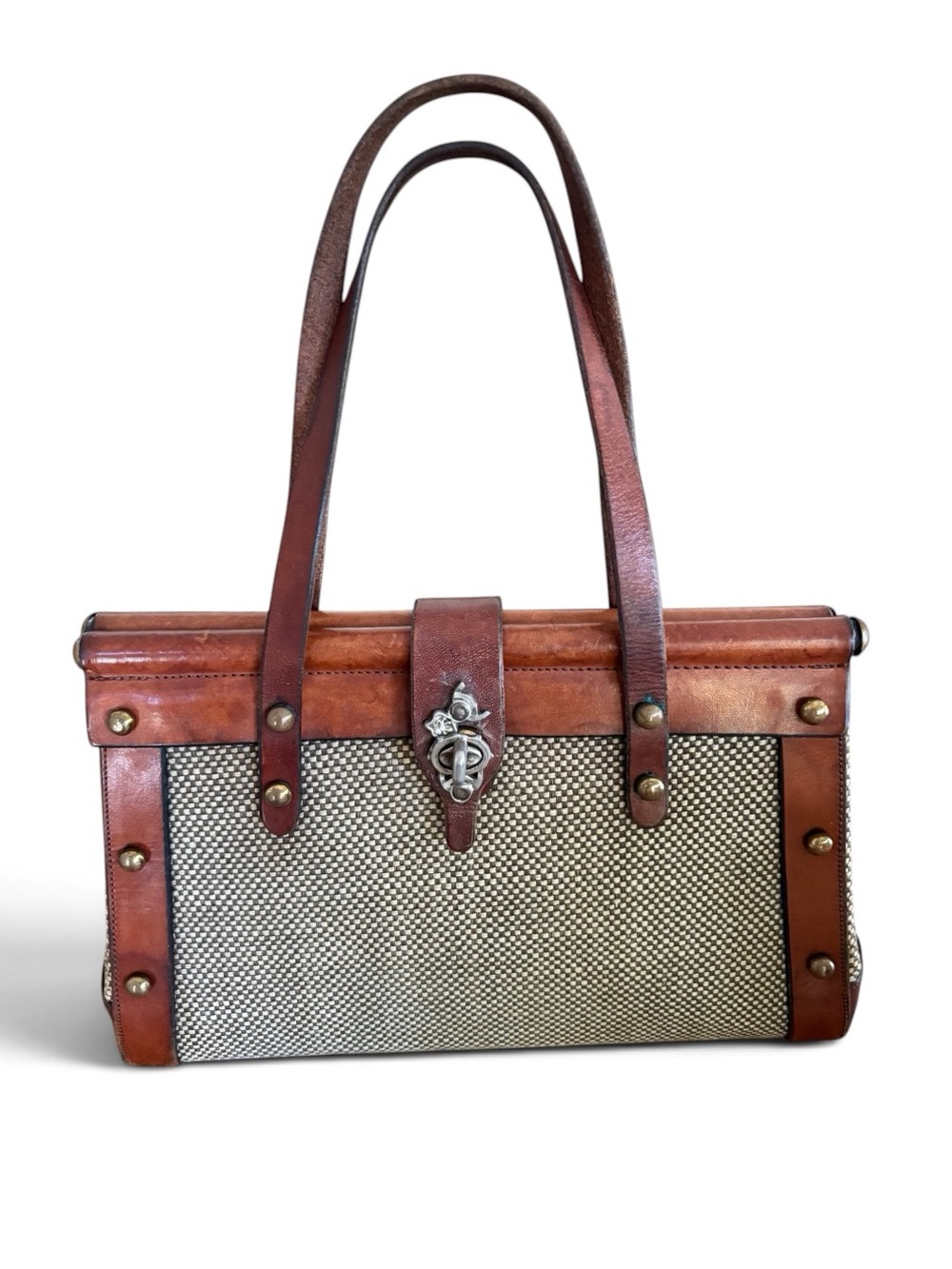 VTG 1969 John Romain Tweed Leather Satchel Tote Bag Casual Corner Clasp Academia